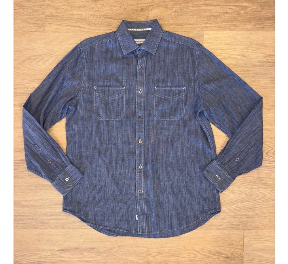 James Campbell chambray long sleeve button up shirt 100% cotton mens medium